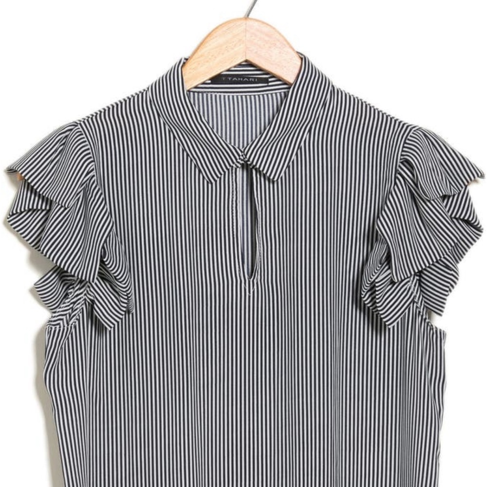T Tahari Short Sleeve Striped Pleated Blouse